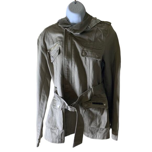 Chevognon Jacket Hoodie Womens Size Large Long Sleeves Pockets Snap Belted Khaki - Picture 3 of 9